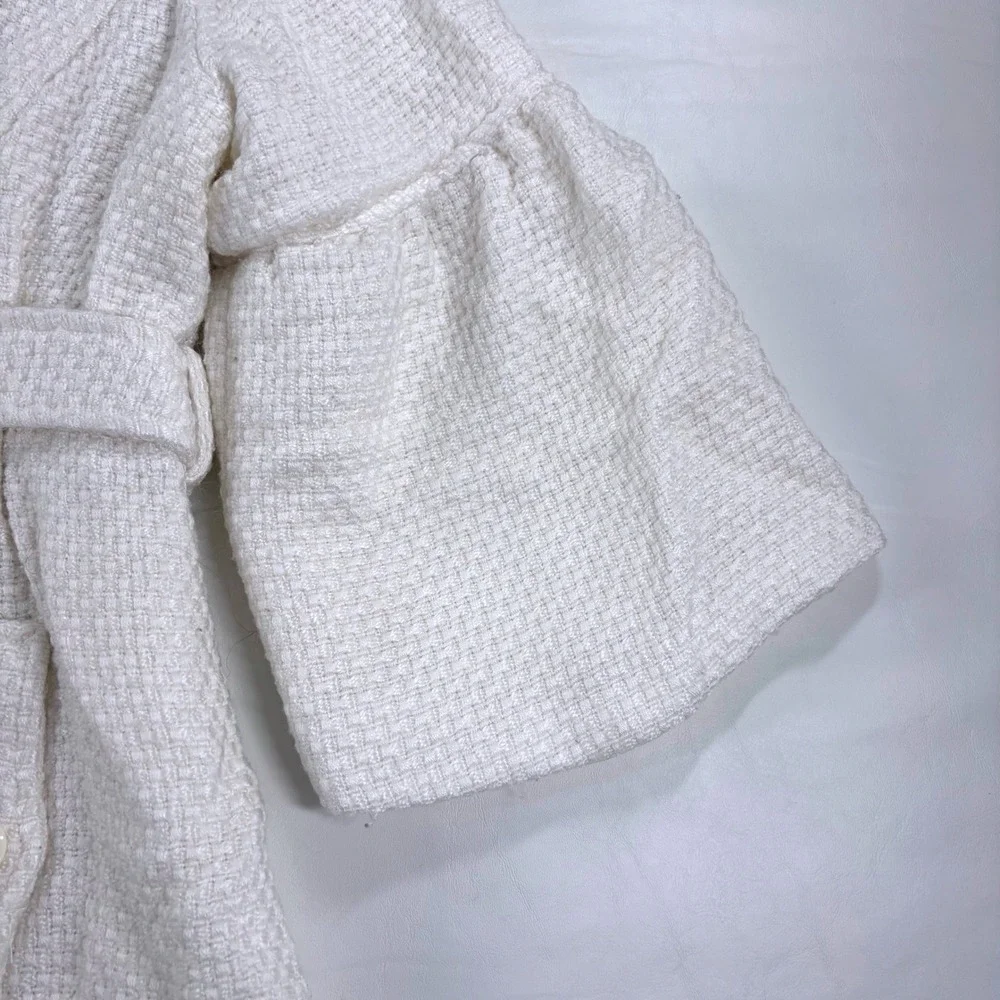 AB Studio Womens Jacket White Tweed Parisian‎ Bell Sleeve Belted Peacoat Size 12